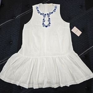 Camellia Women's White Sleeveless Mini Dress w Blue Embroidery Key Hole Design L